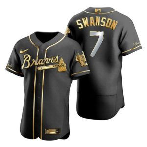 Men Atlanta Braves #7 Dansby Swanson Black Golden Flex Base Stitched Jersey