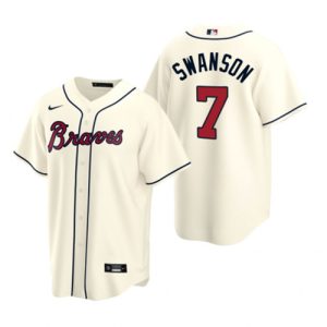 Men Atlanta Braves #7 Dansby Swanson Cream Cool Base Stitched Jersey