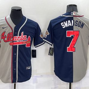 Men Atlanta Braves #7 Dansby Swanson Gray Navy Two Tone Split Cool Base Stitched Baseball Jersey