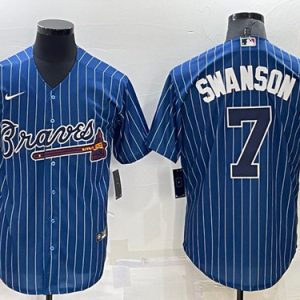 Men Atlanta Braves #7 Dansby Swanson Navy Cool Base Stitched Baseball Jersey