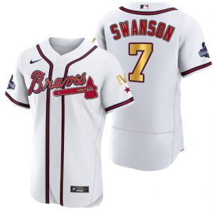 Men Atlanta Braves #7 Dansby Swanson White Gold World Series Champions Flex Base Stitched Jersey