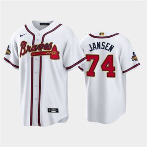 Men Atlanta Braves #74 Kenley Jansen 2022 White/Gold World Series Champions Program Cool Base Stitched Baseball Jersey