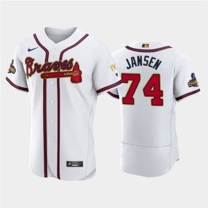 Men Atlanta Braves #74 Kenley Jansen 2022 White/Gold World Series Champions Program Flex Base Stitched Baseball Jersey