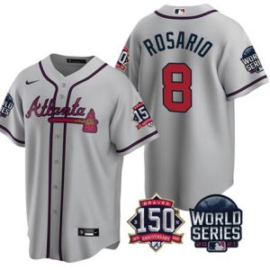 Men Atlanta Braves #8 Eddie Rosario 2021 Gray World Series With 150th Anniversary Patch Cool Base Stitched Jersey