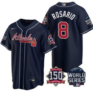 Men Atlanta Braves #8 Eddie Rosario 2021 Navy World Series With 150th Anniversary Patch Cool Base Stitched Jersey