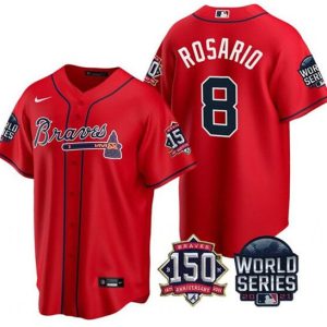 Men Atlanta Braves #8 Eddie Rosario 2021 Red World Series With 150th Anniversary Patch Cool Base Stitched Jersey