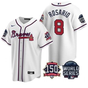 Men Atlanta Braves #8 Eddie Rosario 2021 White World Series With 150th Anniversary Patch Cool Base Stitched Jersey