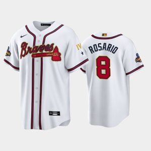 Men Atlanta Braves #8 Eddie Rosario 2022 White/Gold World Series Champions Program Cool Base Stitched Baseball Jersey