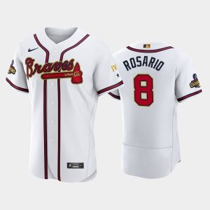 Men Atlanta Braves #8 Eddie Rosario 2022 White/Gold World Series Champions Program Flex Base Stitched Baseball Jersey