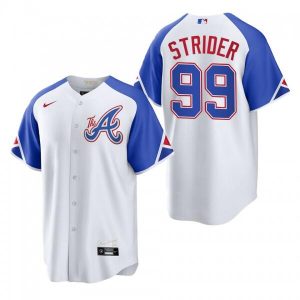 Men Atlanta Braves #99 Spencer Strider White 2023 City Connect Cool Base Stitched Jersey