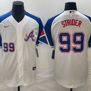 Men Atlanta Braves #99 Spencer Strider White 2023 City Connect Cool Base With Patch Stitched Baseball Jersey