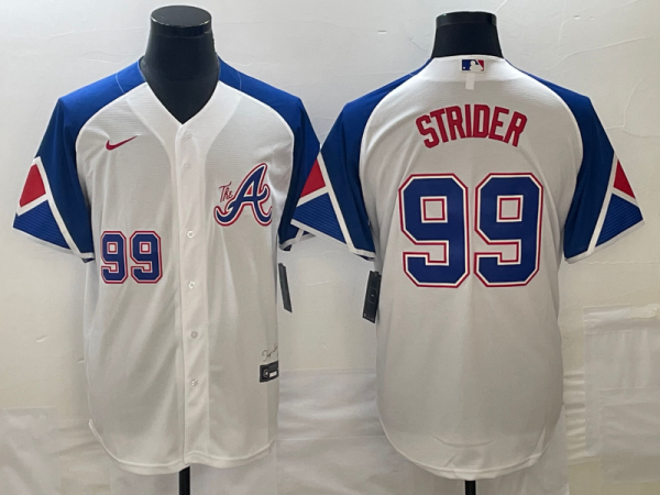 Men Atlanta Braves #99 Spencer Strider White 2023 City Connect Cool Base With Patch Stitched Baseball Jersey