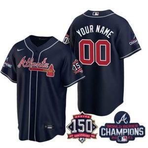 Men Atlanta Braves Active Player Custom 2021 Navy World Series Champions With 150th Anniversary Cool Base Stitched Jersey