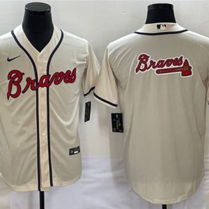 Men Atlanta Braves Cream Team Big Logo Cool Base Stitched Baseball Jersey