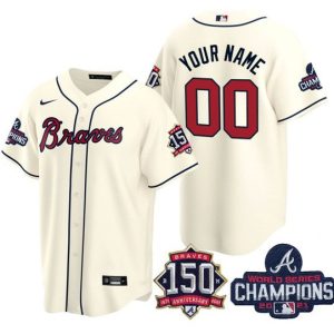 Men Atlanta Braves Customized 2021 Cream World Series Champions With 150th Anniversary Cool Base Stitched Jersey