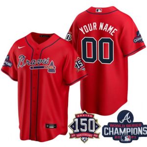 Men Atlanta Braves Customized 2021 Red World Series Champions With 150th Anniversary Cool Base Stitched Jersey