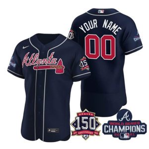 Men Atlanta Braves Navy Active Player Custom 2021 World Series Champions With 150th Anniversary Stitched Jersey