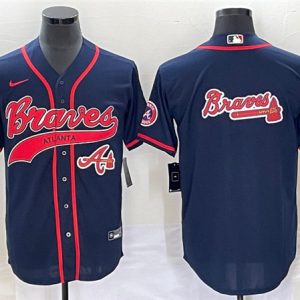 Men Atlanta Braves Navy Team Big Logo Cool Base With Patch Stitched Baseball Jersey