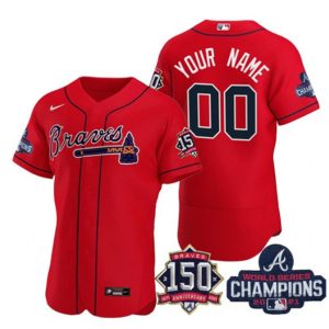 Men Atlanta Braves Red Active Player Custom 2021 World Series Champions With 150th Anniversary Patch Stitched Jersey