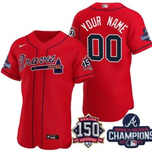 Men Atlanta Braves Red Active Player Custom 2021 World Series Champions With 150th Anniversary Stitched Jersey