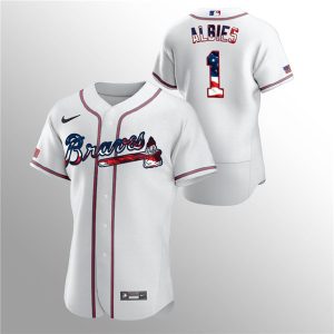 Men Atlanta Braves White #1 Ozzie Albies White 2020 Stars & Stripes Flex Base Stitched MLB Jersey