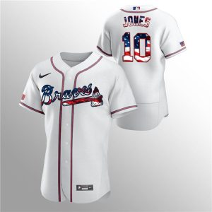 Men Atlanta Braves White #10 Chipper Jones 2020 Stars & Stripes Flex Base Stitched MLB Jersey