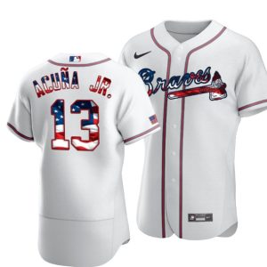 Men Atlanta Braves White #13 Ronald Acuna Jr 2020 2020 Stars & Stripes Flex Base Stitched MLB Jersey