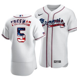 Men Atlanta Braves White #5 Freddie Freeman 2020 Stars & Stripes Flex Base Stitched MLB Jersey