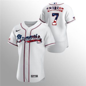 Men Atlanta Braves White #7 Dansby Swanson White 2020 Stars & Stripes Flex Base Stitched MLB Jersey