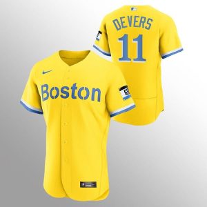 Men Boston Red Sox #11 Rafael Devers Gold 2021 City Connect Flex Base Stitched MLB Jersey