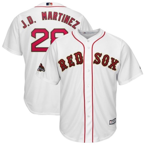 Men Boston Red Sox #28 J.D. Martinez Majestic White 2019 Gold Program Cool Base Stitched MLB Jersey