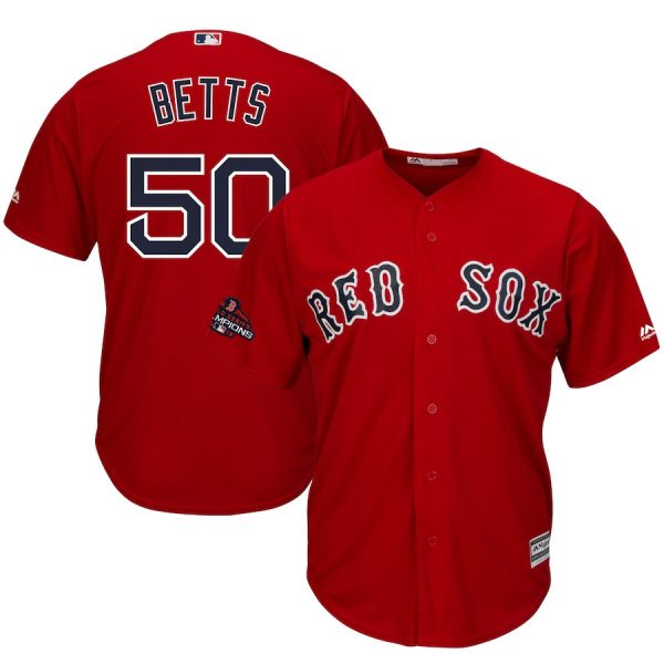 Men Boston Red Sox #50 Mookie Betts Majestic Scarlet 2018 World Series Champions Team Logo Player Stitched MLB Jersey