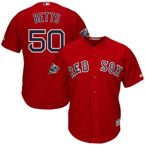 Men Boston Red Sox #50 Mookie Betts Majestic Scarlet 2018 World Series Cool Base Stitched MLB Jersey