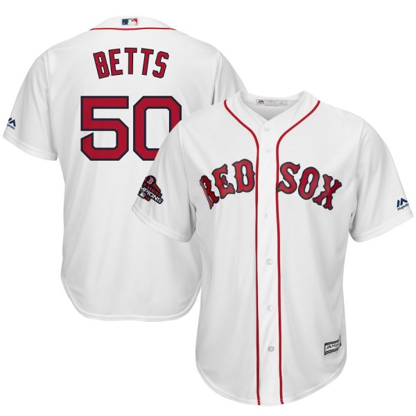 Men Boston Red Sox #50 Mookie Betts Majestic White 2018 World Series Champions Team Logo Player Stitched MLB Jersey