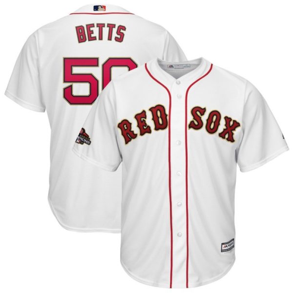 Men Boston Red Sox #50 Mookie Betts Majestic White 2019 Gold Program Cool Base Stitched MLB Jersey