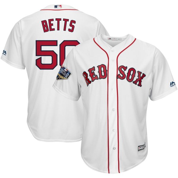 Men Boston Red Sox #50 Mookie Betts White 2018 World Series Cool Base Jersey