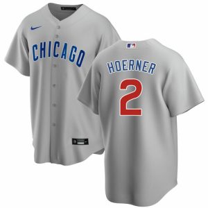 Men Chicago Cubs #2 Nico Hoerner Grey Cool Base Stitched Baseball Jersey