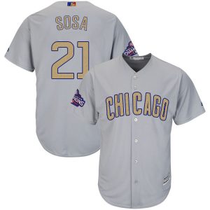 Men Chicago Cubs #21 Sammy Sosa World Series Champions Gold Program Cool Base Stitched MLB Jersey