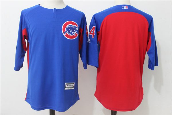 Men Chicago Cubs #44 Anthony Rizzo Blue/Red Collection On-Field 3/4 Sleeve Batting Practice Stitched MLB Jersey