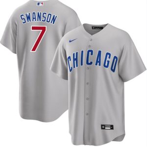 Men Chicago Cubs #7 Dansby Swanson Gray Cool Base Stitched Baseball Jersey