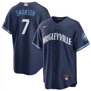 Men Chicago Cubs #7 Dansby Swanson Navy City Connect Cool Base Stitched Baseball Jersey