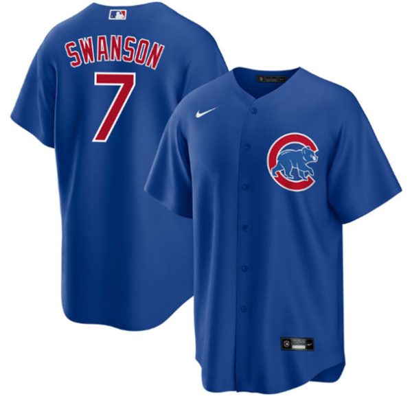 Men Chicago Cubs #7 Dansby Swanson Royal Cool Base Stitched Baseball Jersey