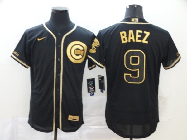 Men Chicago Cubs #9 Javier Baez Black Golden Flex Base Stitched MLB Jersey