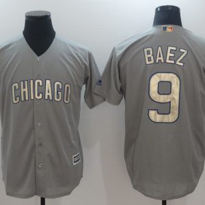 Men Chicago Cubs #9 Javier Baez Gray World Series Champions Gold Program Cool Base Stitched MLB Jersey