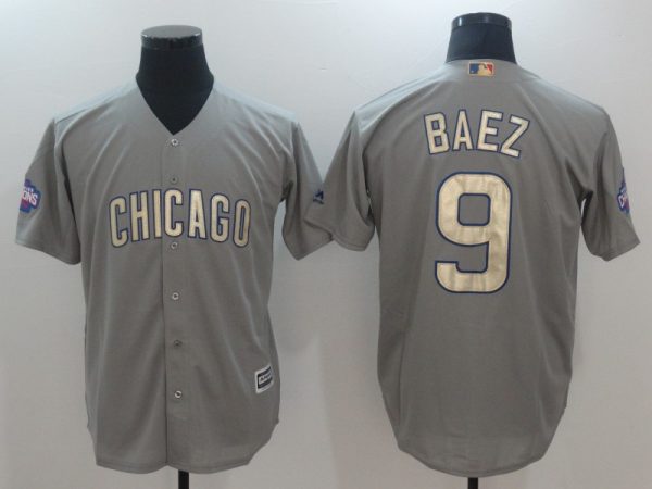 Men Chicago Cubs #9 Javier Baez Gray World Series Champions Gold Program Cool Base Stitched MLB Jersey