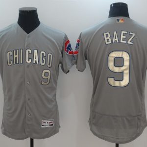 Men Chicago Cubs #9 Javier Baez Gray World Series Champions Gold Program Flexbase Stitched MLB Jersey