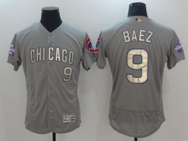 Men Chicago Cubs #9 Javier Baez Gray World Series Champions Gold Program Flexbase Stitched MLB Jersey