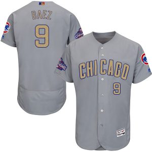 Men Chicago Cubs #9 Javier Baez Gray World Series Champions Gold Program Flexbase Stitched MLB Jersey