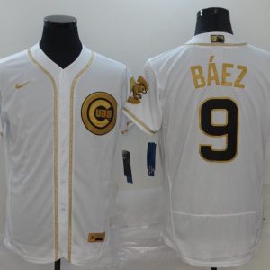 Men Chicago Cubs #9 Javier Baez White Golden Flex Base Stitched MLB Jersey