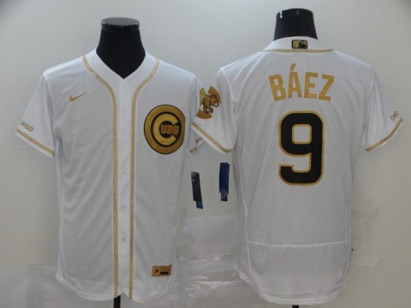 Men Chicago Cubs #9 Javier Baez White Golden Flex Base Stitched MLB Jersey